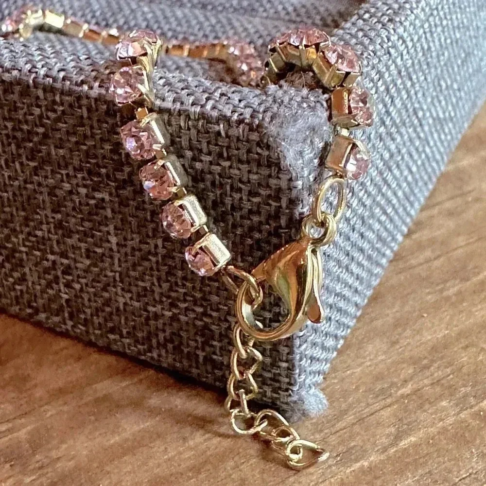 Pink Tourmaline CZ 18K Gold Stainless Steel Tennis Bracelet October Birthstone - Picture 4 of 7